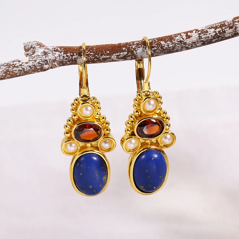 

Vintage Natural Lapis Lazuli Hanging Earrings for Women Statement Design Gold Color Dangle Earrings Retro Jewelry Wholesale