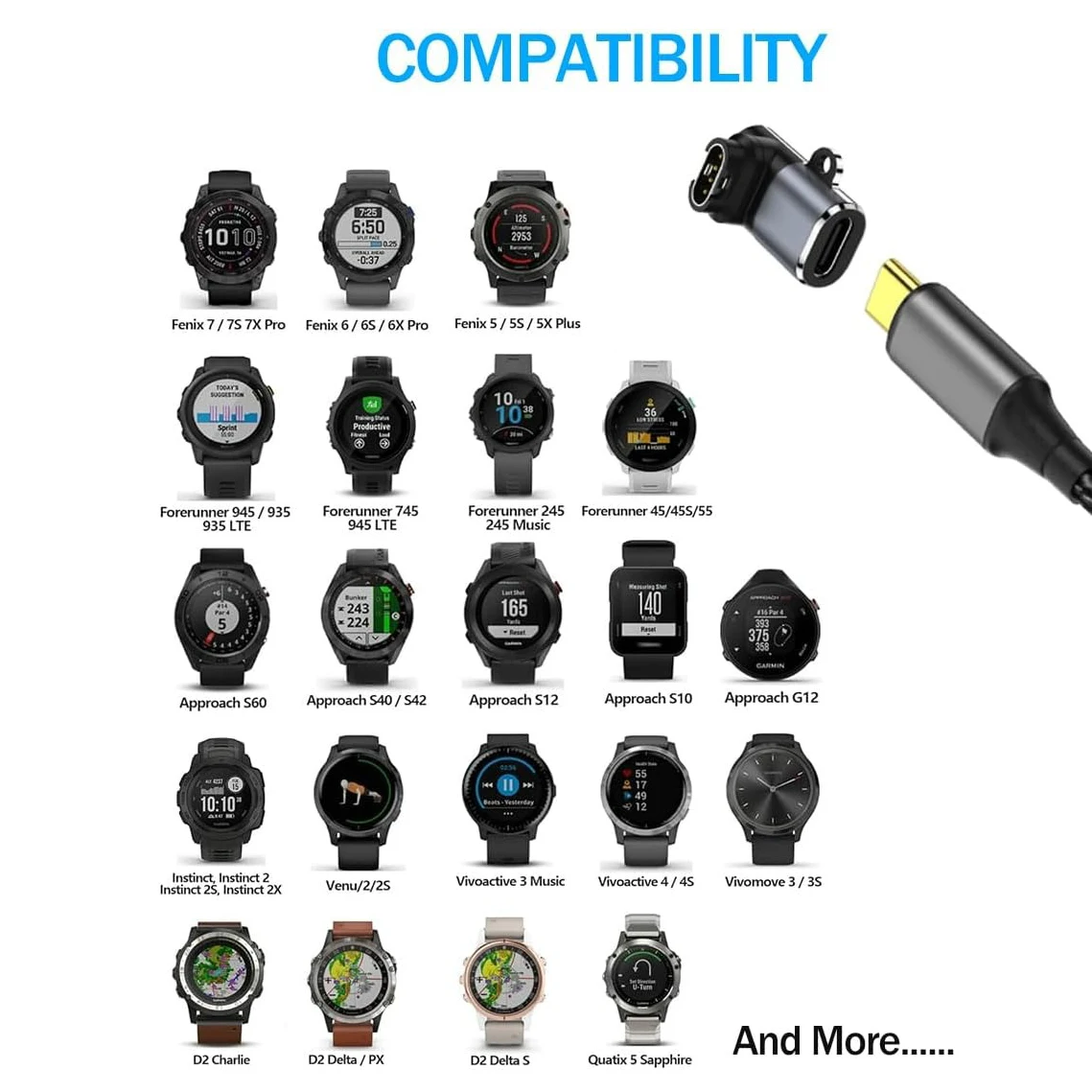 1-2 шт. USB-C зарядный кабель-адаптер для часов Garmin Fenix 8 7 7X 6 Pro Solar, Vivoactive 6 5 4S, Venu 3 3S SQ, Tactix, Instinct 3 (art.: 3920dc83ca03d) - 3920dc83ca03d