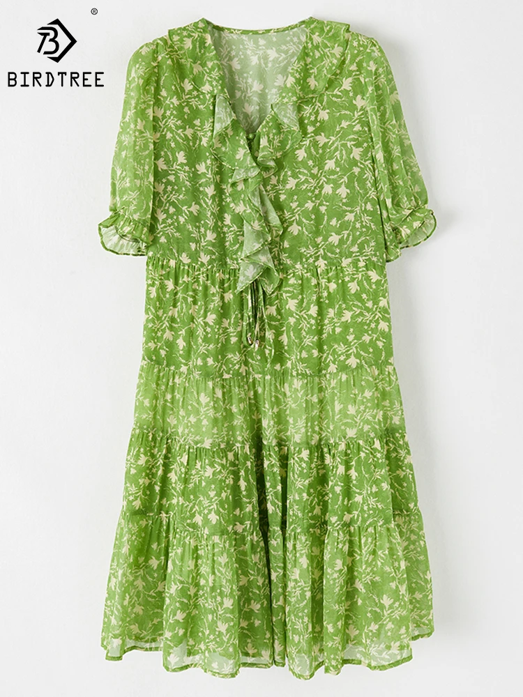 

Birdtree 100%Mulberry Silk Georgette Dress French Floral V-neck Elegant Commute Versatile Midi Skirt Woman Fall New D39852QD