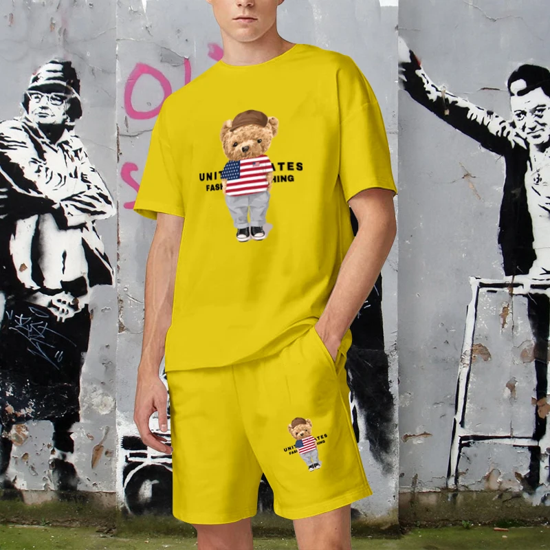 2023 Latest American Flag T-Shirt Cotton Men's 2-Piece Bear Graphic T-Shirt Luxury Brand Men's Summer Shorts Sportswear Couples