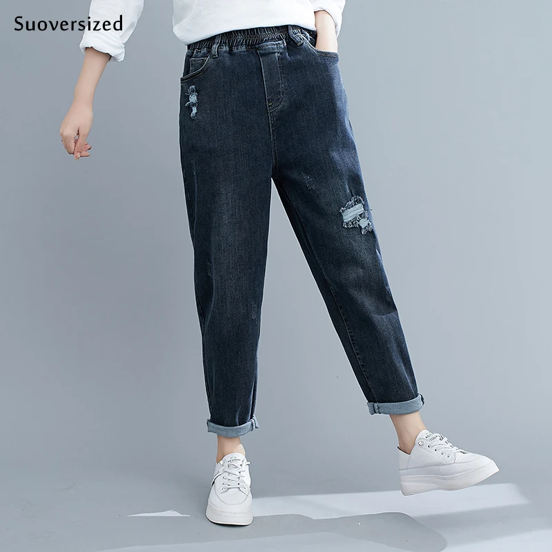 

Classic Black Design Ripped High Waist Women Harem Jeans Ladies Baggy Vintage Denim Pants Femme Streetwear Capris Denim Trousers
