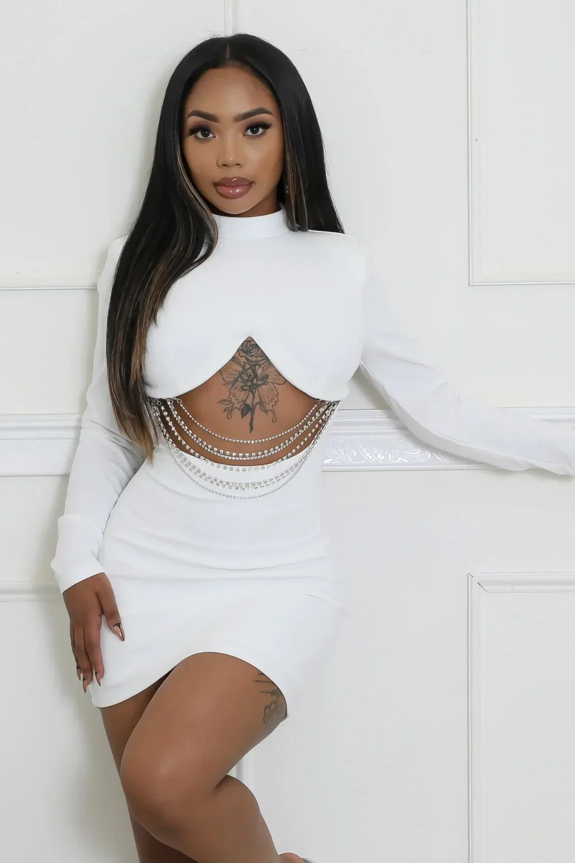 Осень 2024 женское элегантное мини-платье с длинным рукавом и круглым вырезом