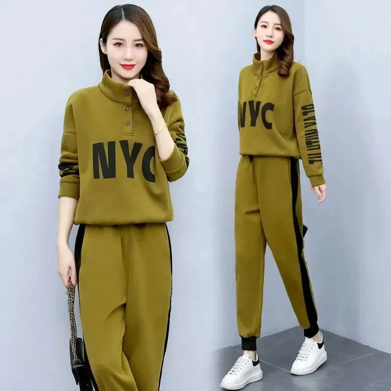 

Spring Autumn Fried Street Sweater Suit Plus Size Female Fashion Trousers Pullover Hoodie Two Piece Casual Women's Sports Suits