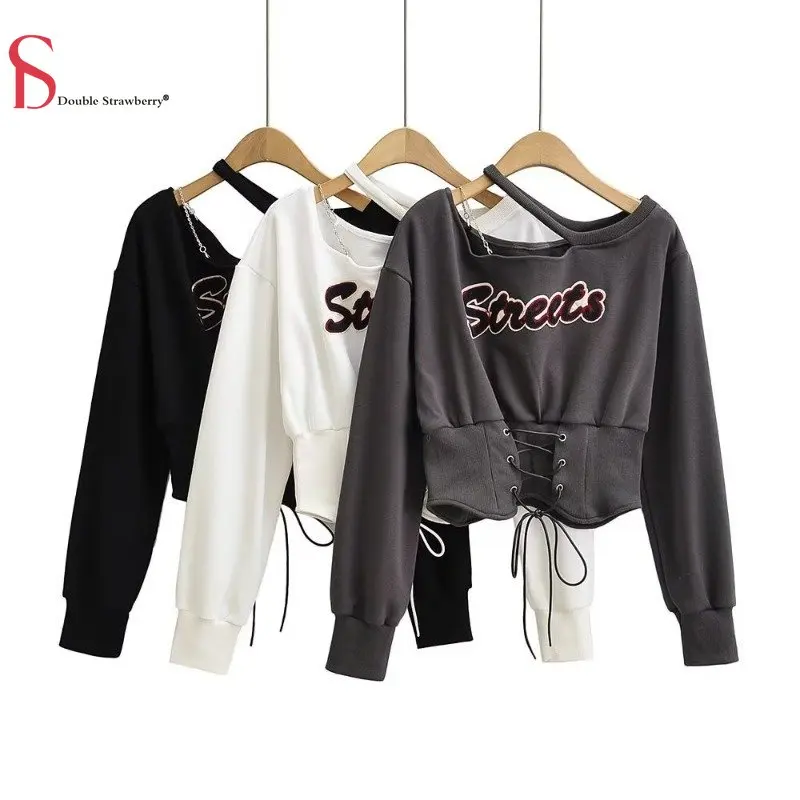 

Early Autumn Women's New Round Neck Off-shoulder Design Sense Tied Rope Waist Hem Long-sleeved Ribbed Cuff Sweatshirts Tops