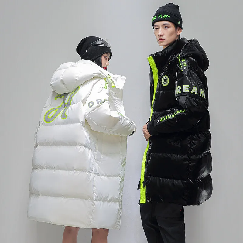 Fashion Down Jackets for Men and Women Mid-length Knee Wrap Hip Hooded Stitching Color Print Couples Coat New Thickened Bread