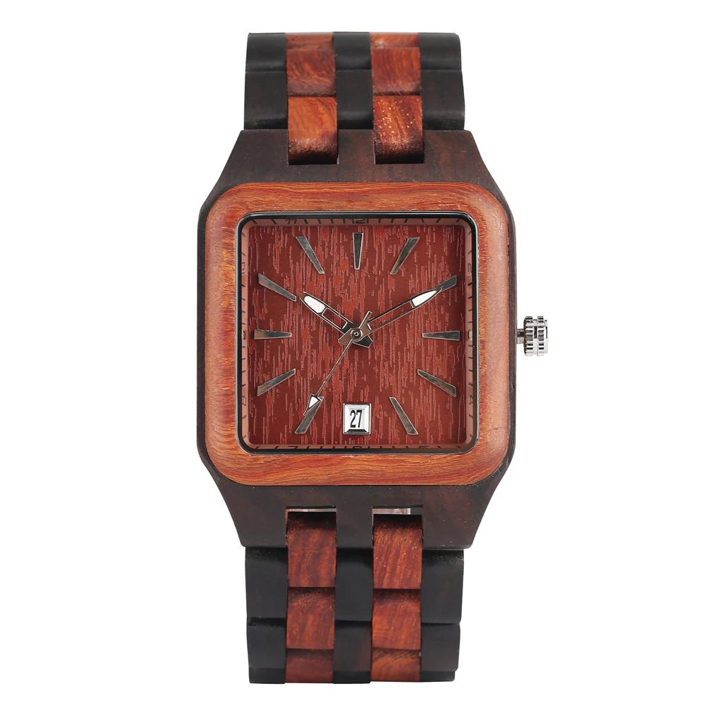 

Calendar Square Dial Ebony Red Wood Men's Watches Quartz Wooden Bangle Folding Clasp Wristwatch Vintage Stylish Male Watch
