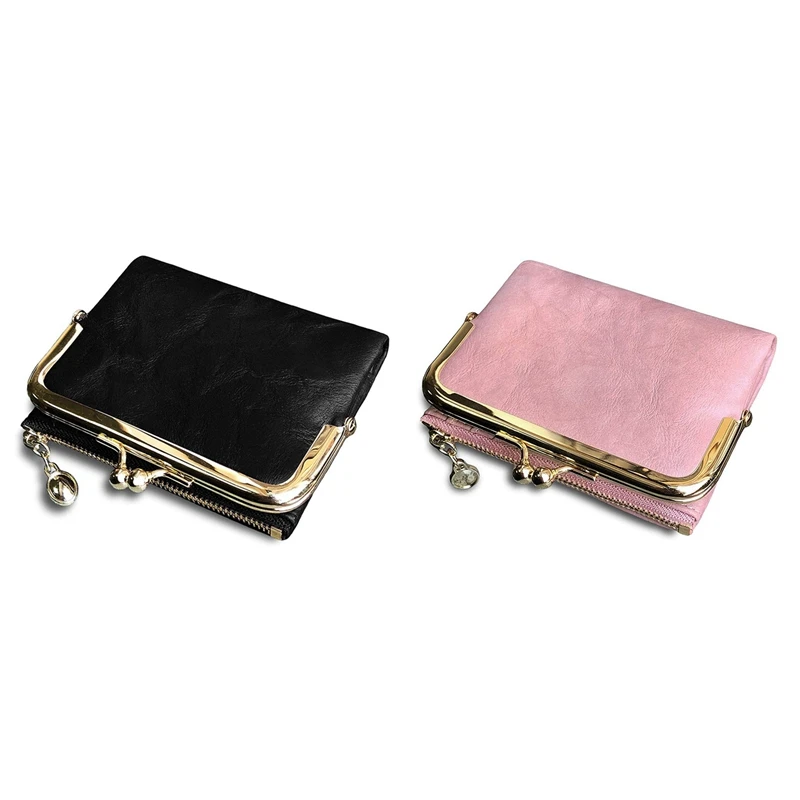 

2 Pcs Women's Short Wallet Bifold Retro Multifunction Coin Purse With Zip And Kiss Lock, Black & Pink