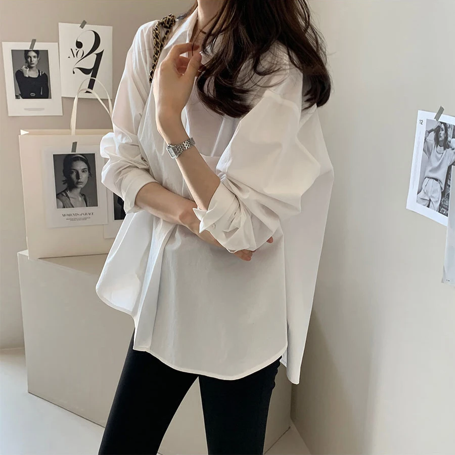 

White Spring 2023 New Korean Simple solid Long-sleeved Shirt for Women's Outerwear Blouse Tops Clothing