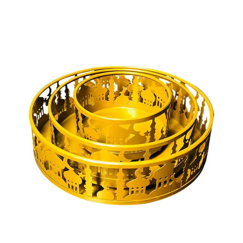 

3PCS Islam Eid Mubarak Metal Food Serve Tray Round Food Container Dessert Tray For Home Decor