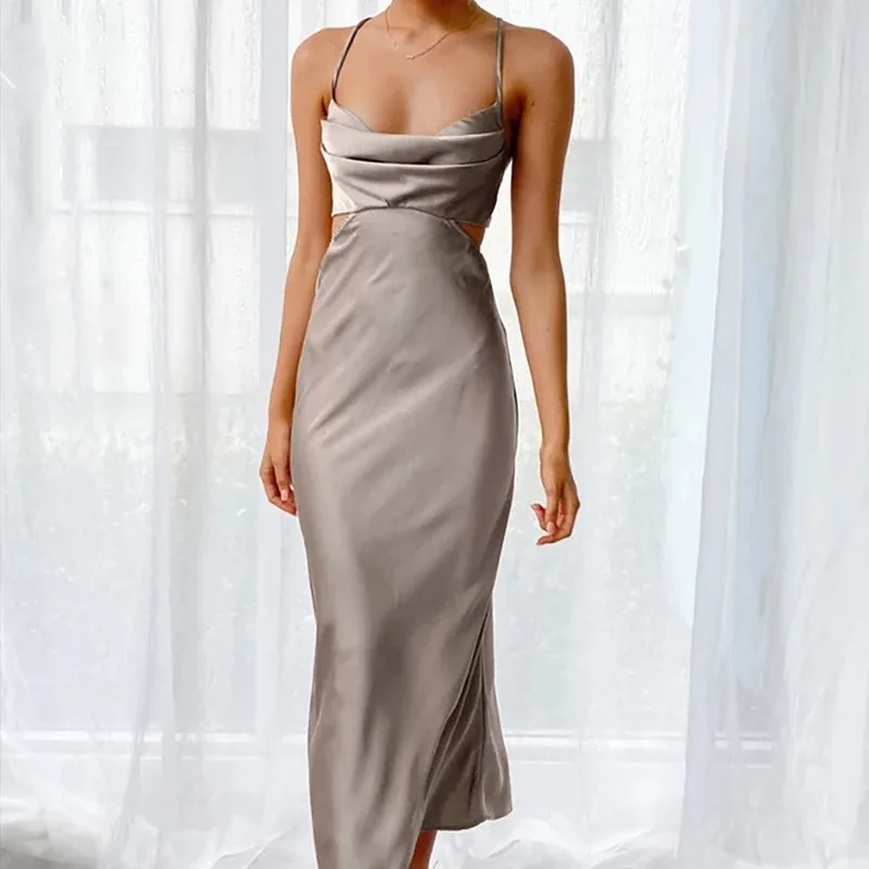 

2021 Summer New Satin Solid Color Women Suspender Dress Sexy Backless Hollow Out A Line Long Dress High Waist Slim Party Dress