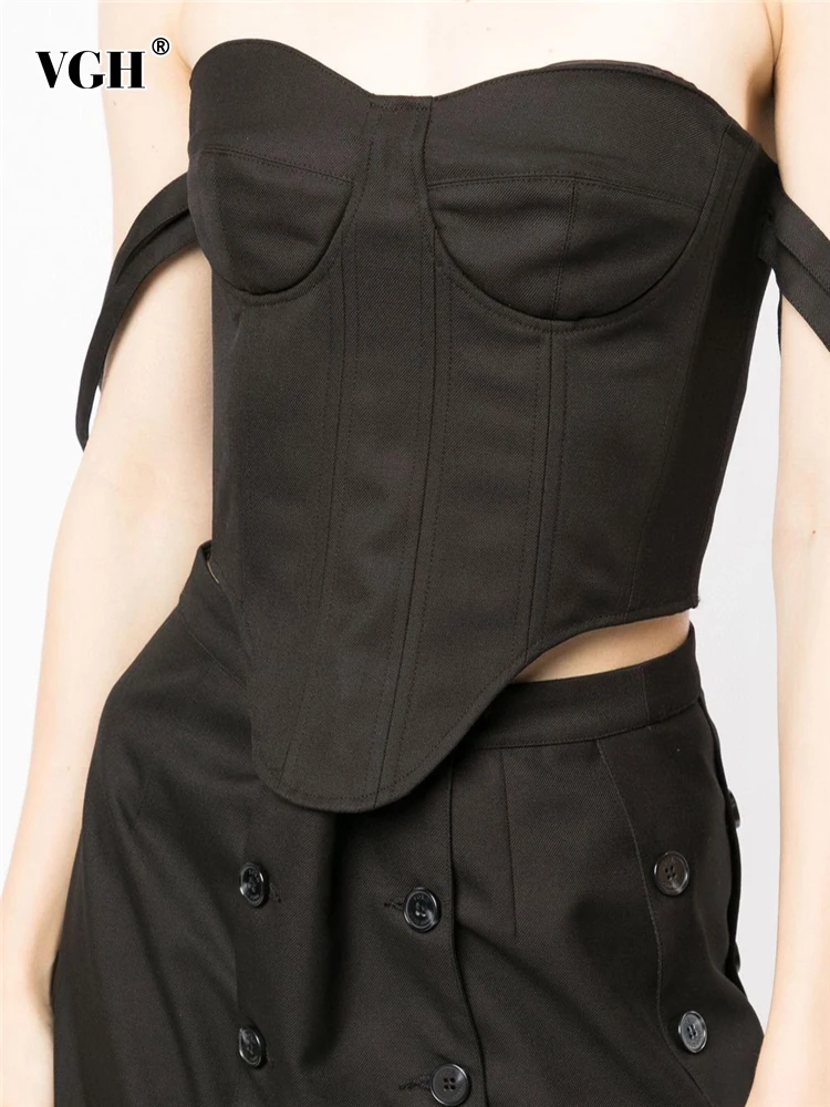 

VGH Korean Summer Solid Minimalist Tank Tops For Women Slash Neck Off Shoulder Slim Vests Female Clothing Fashion New 2022 Style