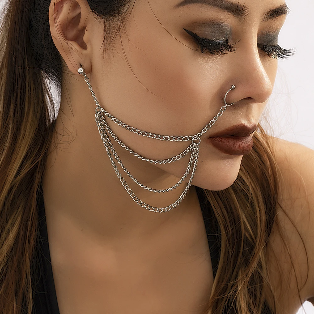

Lacteo Multilayer Cool Silver Color Ear Stud Nose Ring Chain Nose Clip Nostril Cartilage Body Piercing for Women Party Jewelry