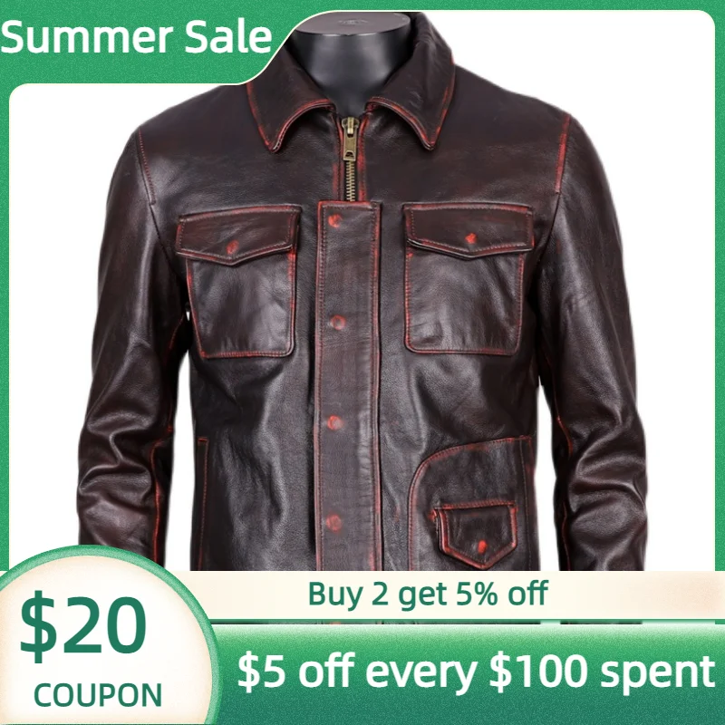 

2022 винтажная коричневая мужская куртка из натуральной кожи, повседневный стиль размера плюс 4XL, Натуральная Воловья кожа, Осеннее приталенн...