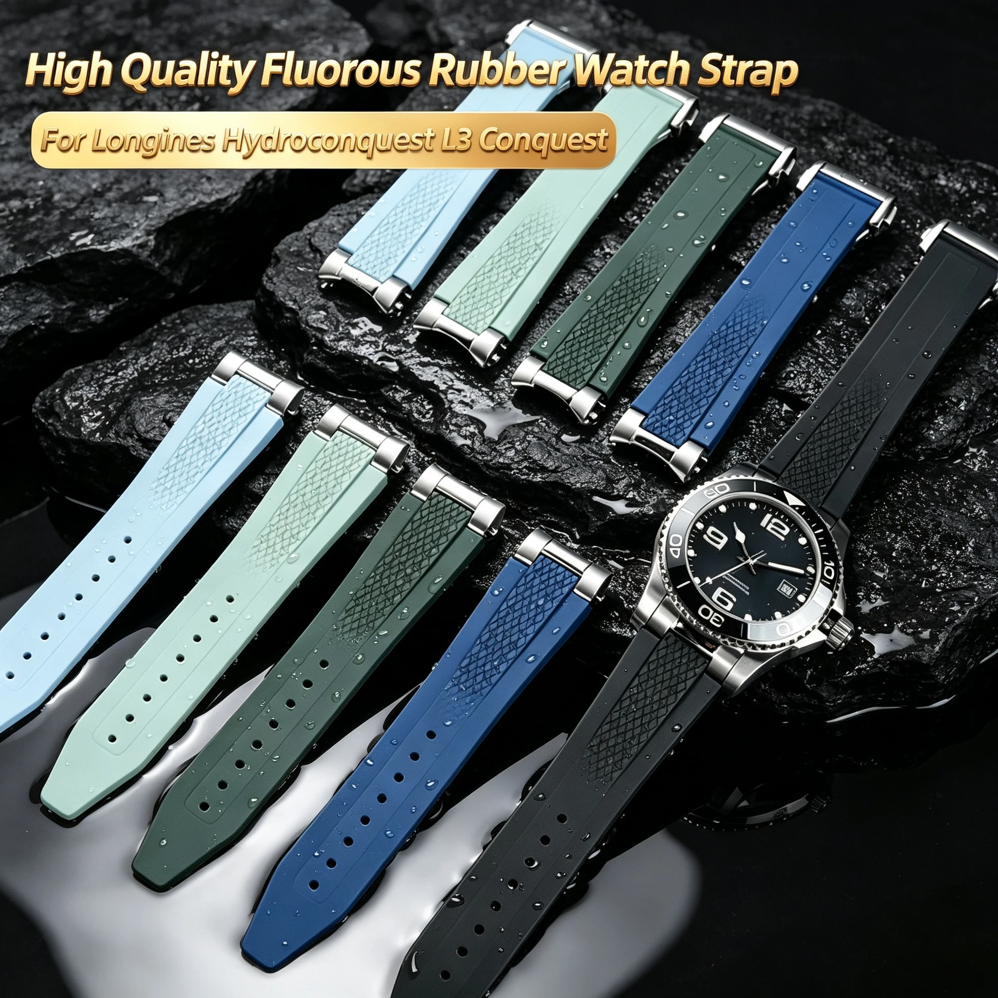 Фото 21-мм ремешок для дайверских часов из фторкаучука для Longines Hydroconquest L3.781 L3.883.4 Conquest Sports с металлическим соединением. №1
