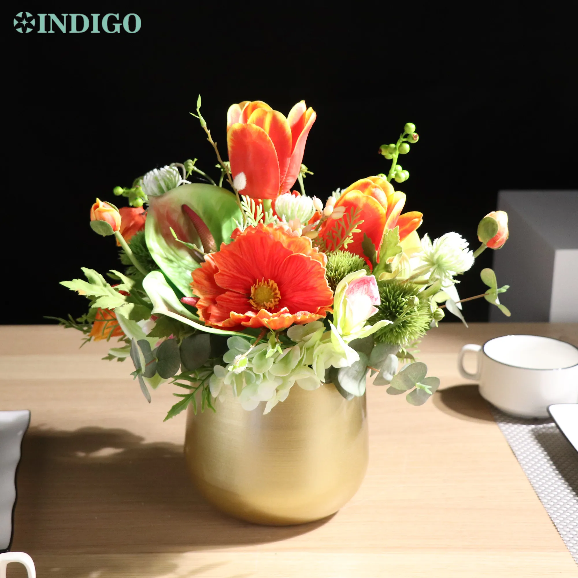 1 Set Orange Calla Lily Tulip Pincushion With Iron Vase Bonsai Flower Arrangement Gift Unique Design Decoration Party Event