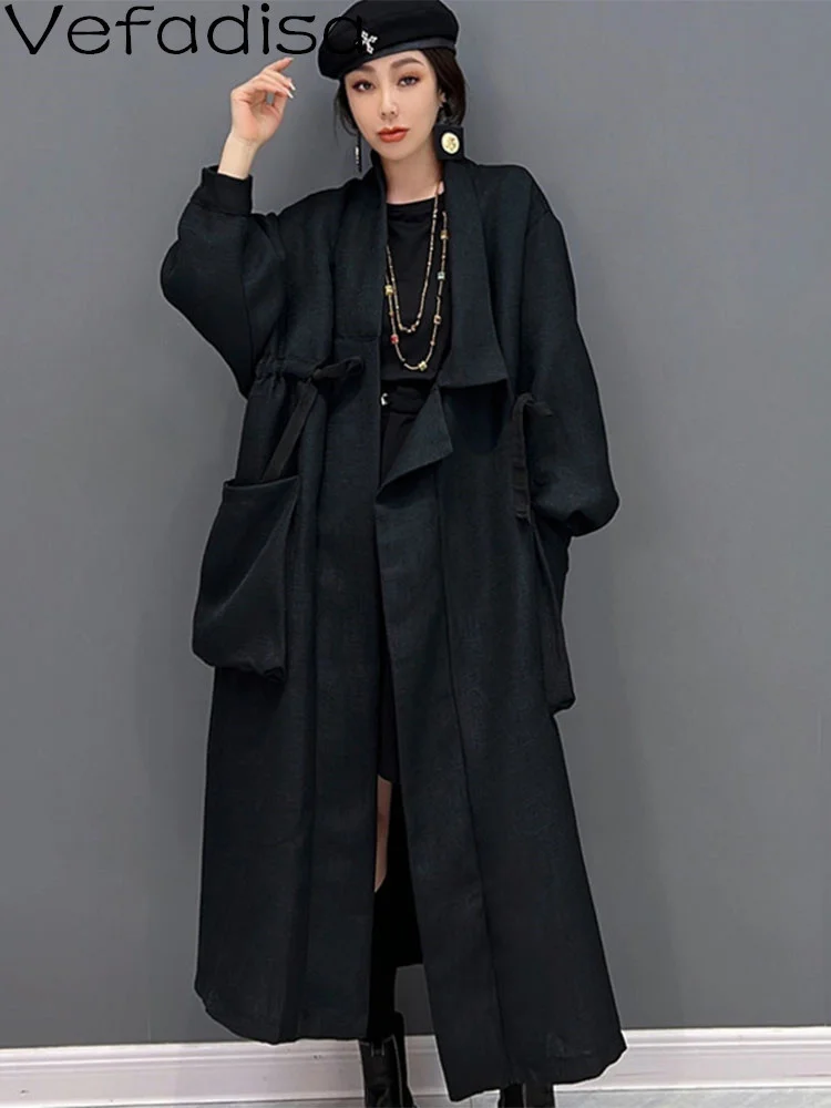 

Vefadisa 2023 Autumn Women Long Sleeves Lapel Trench Coat Loose Mid-length Frenulum High Waist Fashion Big Pocket Coat LHX2411