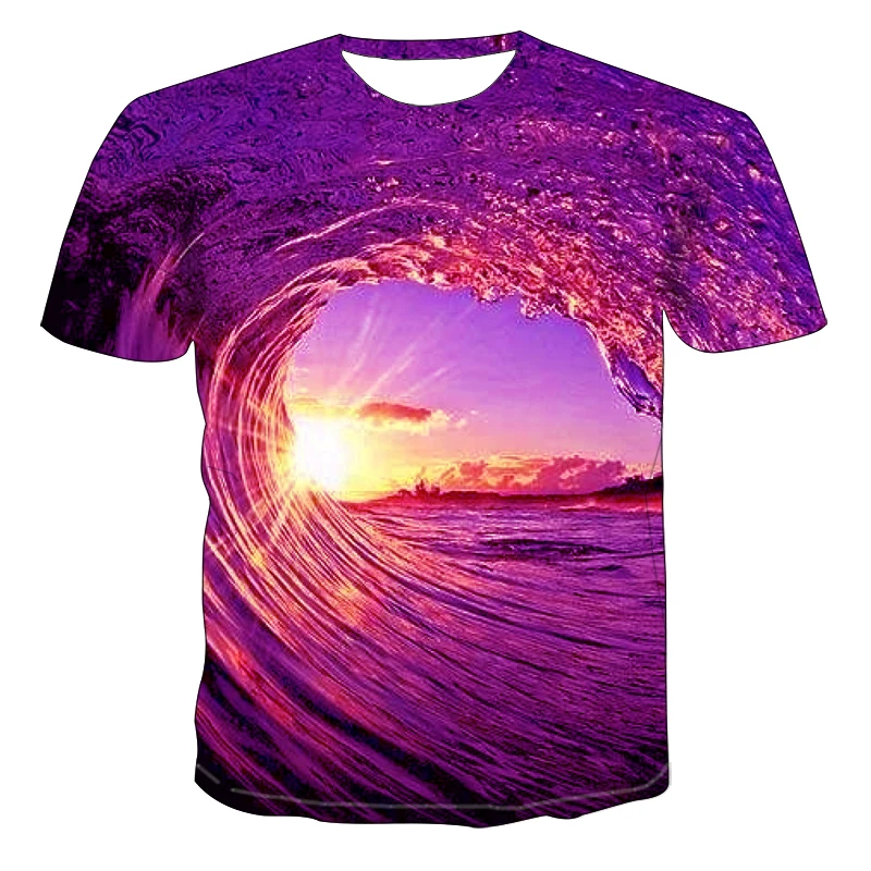 

Surf Wave Landscape Color Printing Men's And Women's T-shirt Seaside Scenery Pattern Trend Hip-hop Light Summer