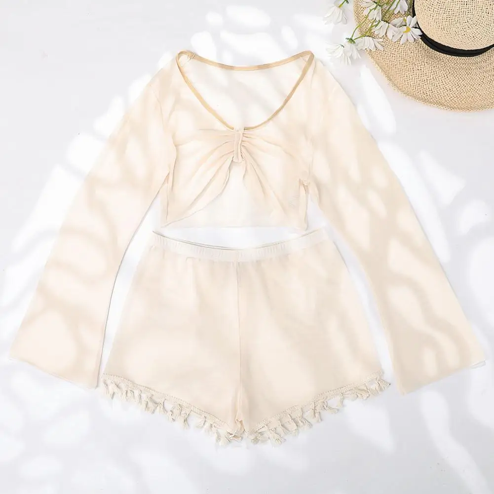 

Long Sleeve Wear-resistant Mid Waist Pants Beach Cover Up Set for Vacation