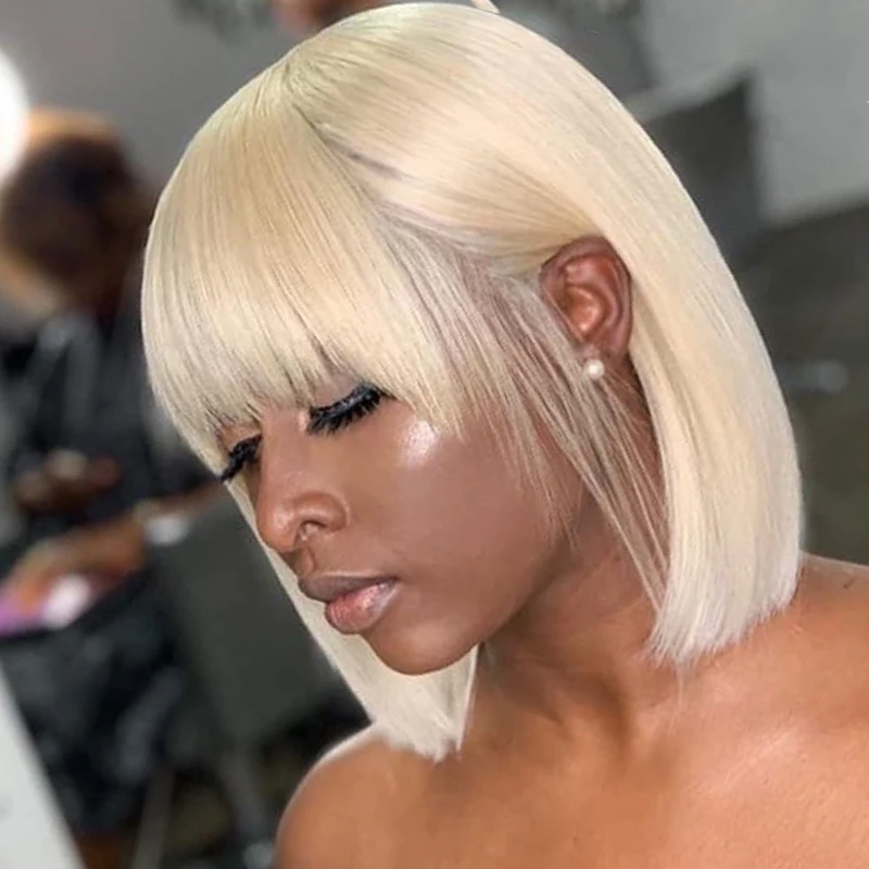 

Brazilian Short Bob Wig With Bangs Straight Human Hair Wigs For Black Women Honey Blonde 613 Ombre Remy Hair Bangs Wig 150%