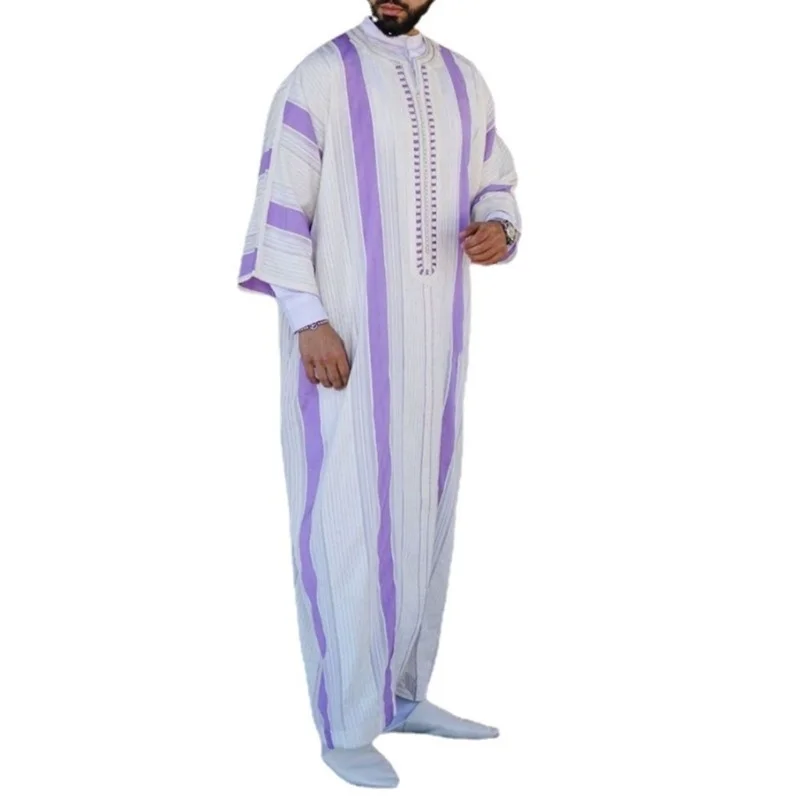 Muslim Mens Pink Long Sleeve Thobe Middle East Saudi Arab Kaftan Islamic Abaya Dress Dubai Robes with Striped Pattern