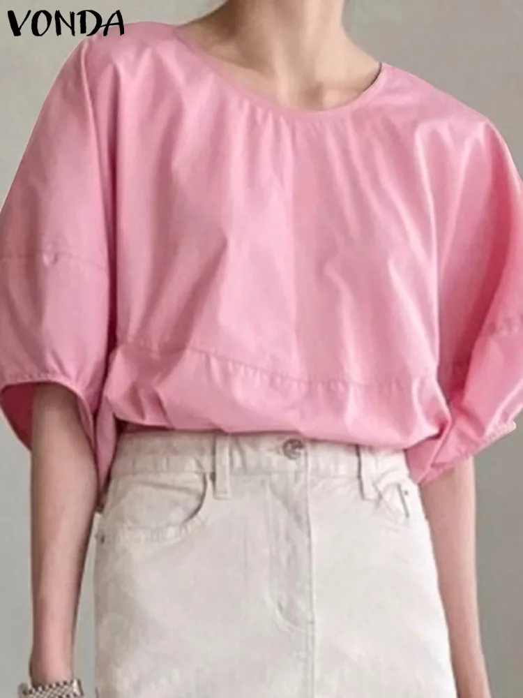 

Элегантная Летняя женская повседневная однотонная офисная блузка VONDA Y2K, топы, женская рубашка с коротким рукавом и круглым вырезом, уличные...