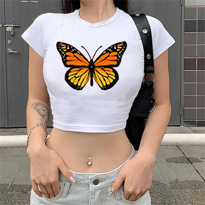 

Fashion Cartoon Blue Butterfly Print Crop Top Harajuku O Neck Cropped T Shirt Cute Women T-shirt Gothic Women Tshirt Streetwear