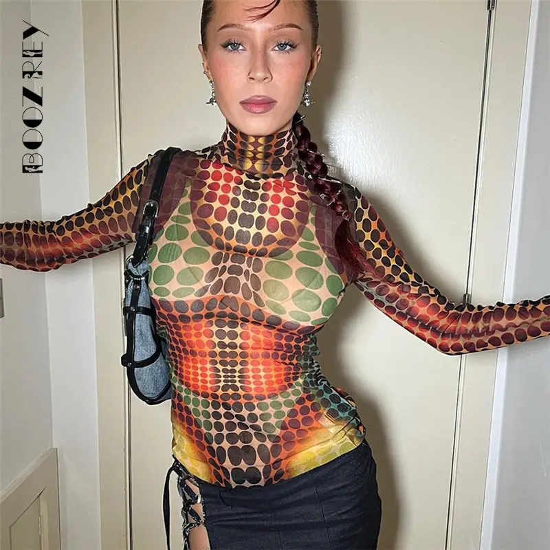 

BoozRey 2023 Colorful Dots Mesh See Through Turtleneck Tshirts Women Full Sleeve Skinny Sexy Tops Female Streetwear Tee Clothing