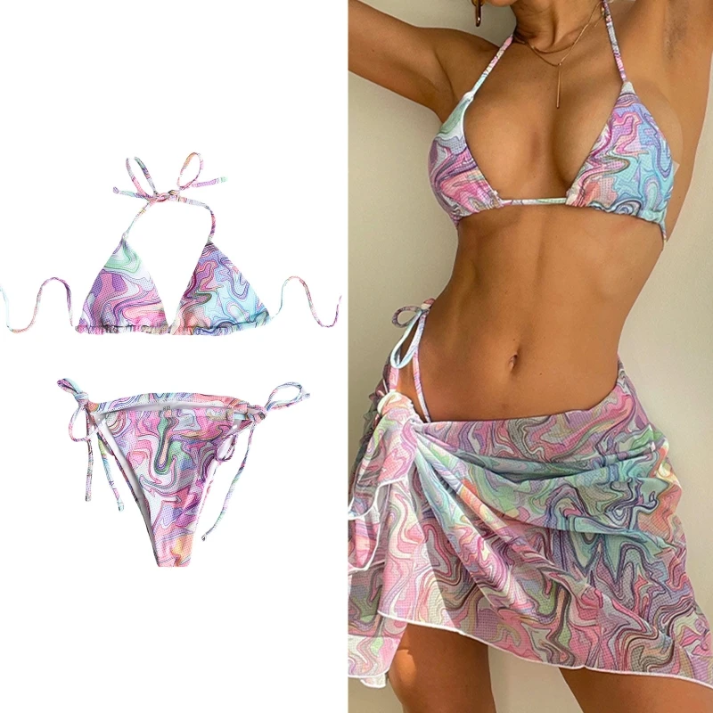 

Three-pieces Female Printed Soft Bag Bikini Knotted Women Sexy Bathing Suit Beachwear Multi-Color Popular Split Swimwear