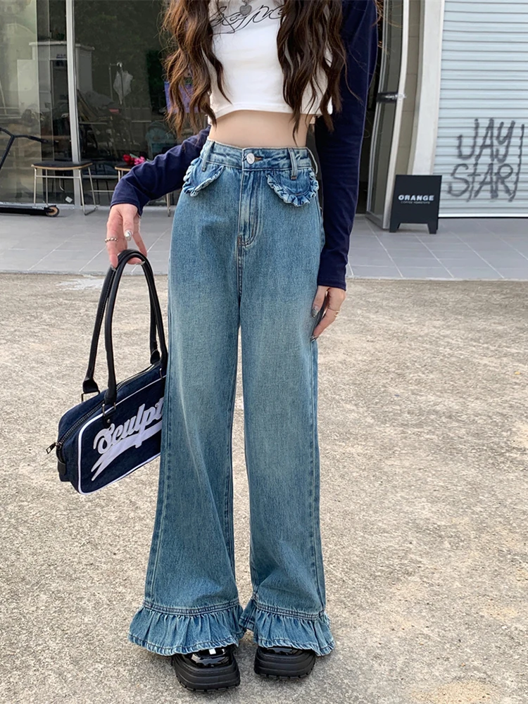 

Ruffled Straight Jeans Women's Autumn Korean Loose High Waist Washed Micro-Flare Pants Mopping Trousers Fashion Female Clothes