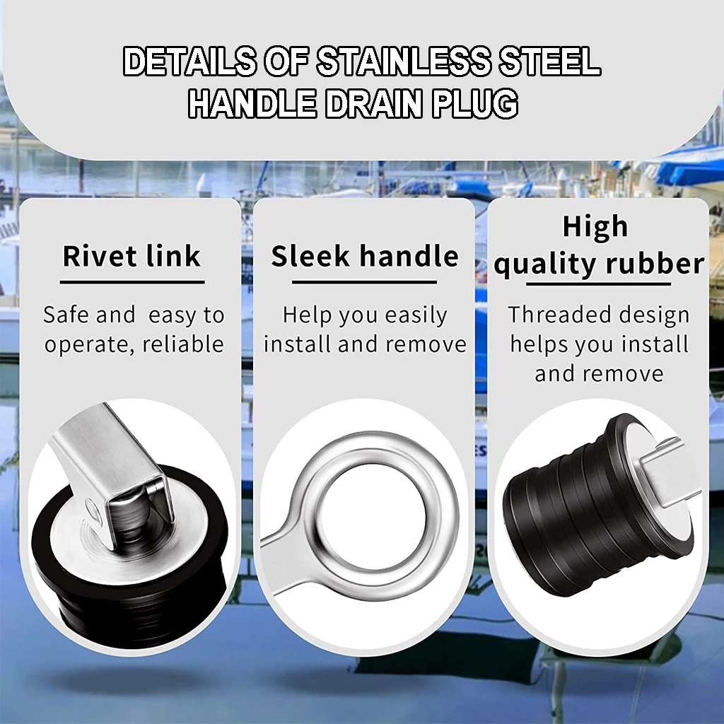 Marine Stainless Steel 304 Handle Rubber Drain Plug Snap Tight Flip Style Hull LiveWell Bilge Transom Seawall Boat Accessories enlarge