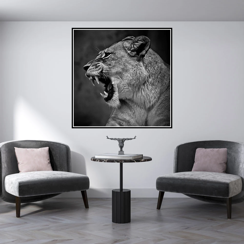 

African Lion Black White Photo Roaring Animals Canvas Painting Wall Art Picture Print Gallery Living Room Interior Home Decor