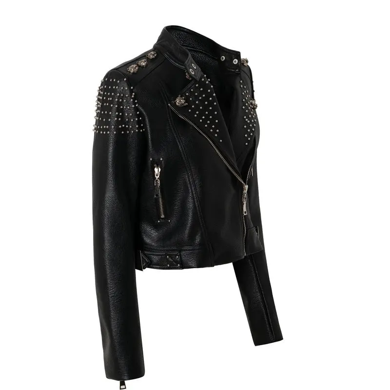 Ladies spring and autumn new street rock punk style tiger head print tiger head metal heavy industry rivet short leather jacket