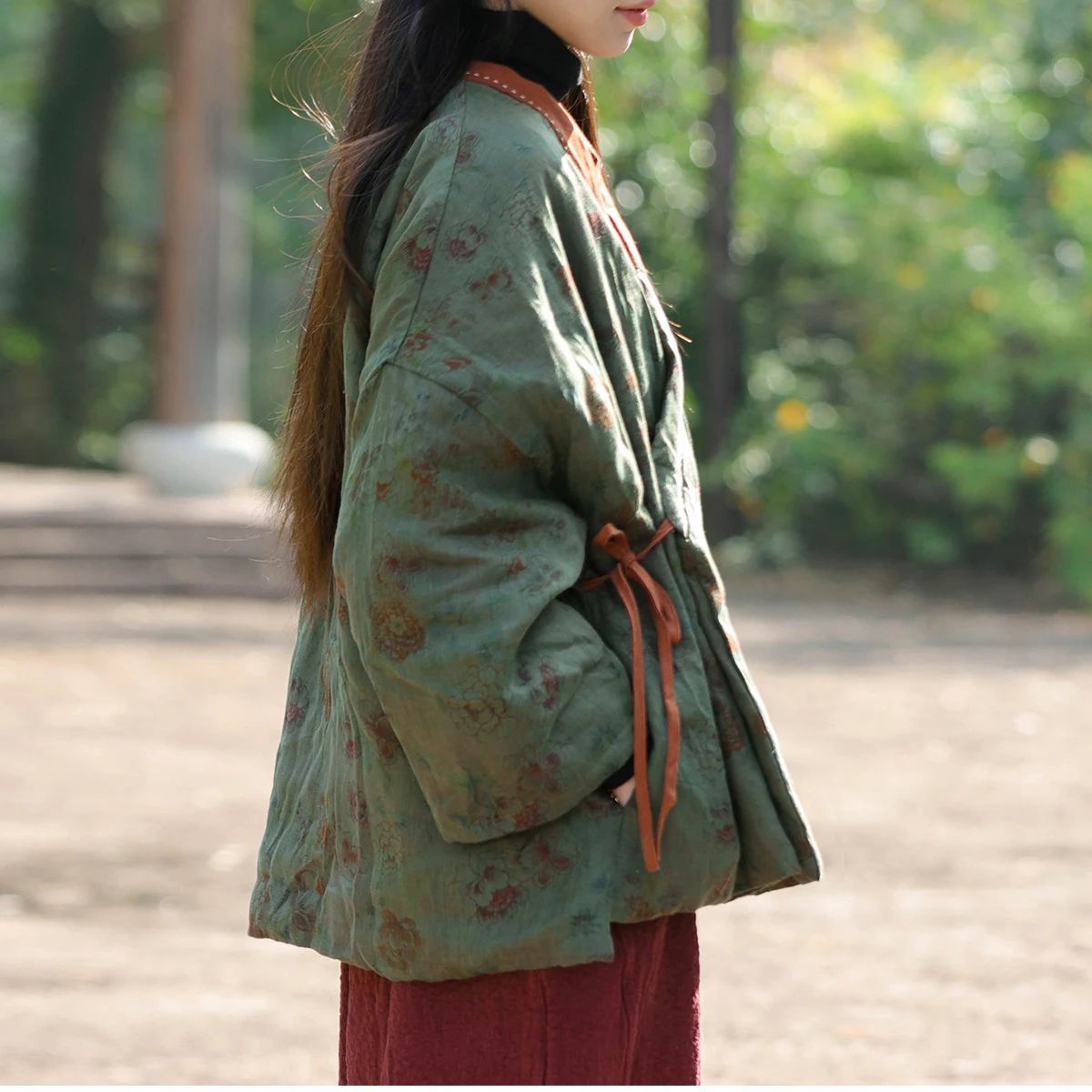 LZJN Короткая хлопковая куртка в китайском стиле льняная с дзен-принтом Hanfu дизайн