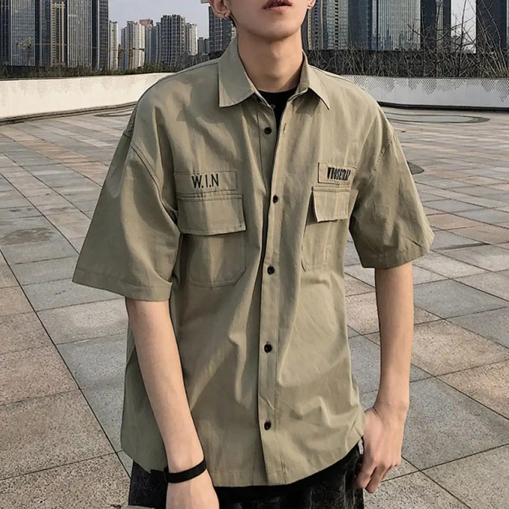

Men Cargo Shirt Solid Color Short Sleeves Comfortable Multi Pockets Turn-down Collar Summer Tops Daily Clothes