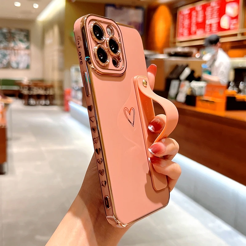 

Soft Electroplated Wrist Strap Case For iPhone 11 12 13 Pro Max X XR Xs Max 7 8 Plus SE 2020 Kickstand Love Heart Cases Cover
