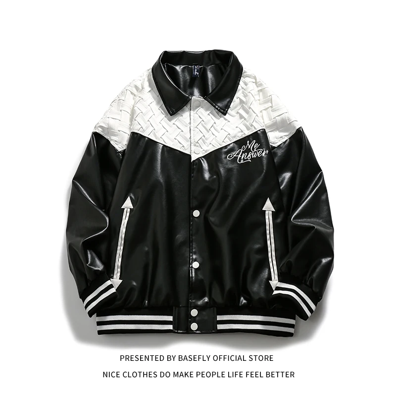 

Patchwork F1 Race Sport Stadium PU Leather Weave Coach Men Baseball Bomber Jacket Unisex Women Varsity Coat Street Motorcycle