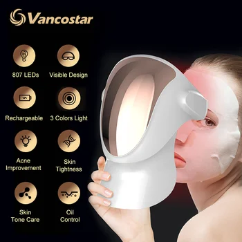 LED Mask Facial Treatment 3 Color Red Light Therapy Full Face Neck Anti-Acne Photorejuvenation 807 LED Face Light Therapy