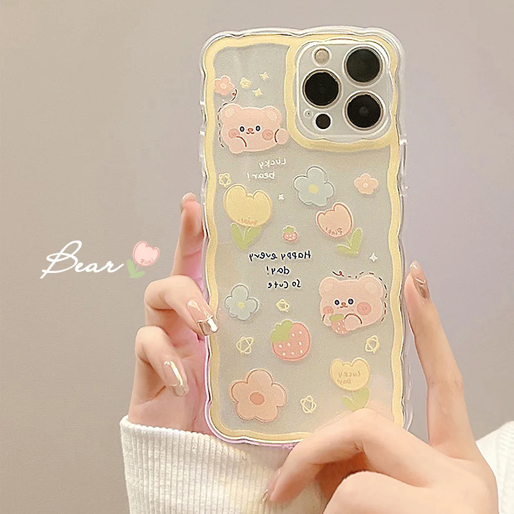 

Cute Cartoon Strawberry flower Bear Wavy Frame Phone Case For iPhone 11 12 13 Pro Xs Max Xr X 7 8 Puls SE 2 Soft TPU Cover