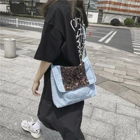 broken flower denim messenger bags for women 2022 trend high street shoulder bag multi pockets jeans eco bag korean satchel ins