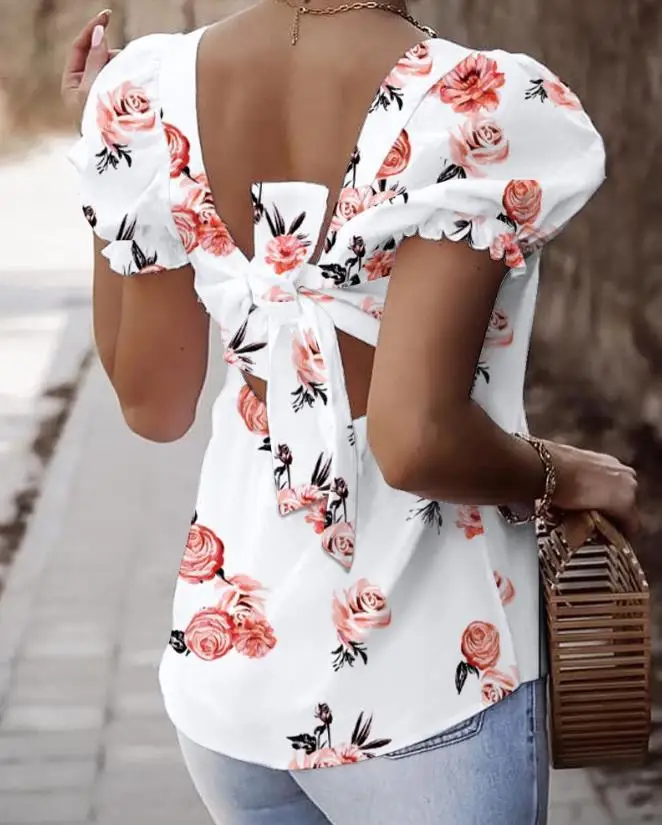 

Женские топы с коротким рукавом, модная блузка с квадратным вырезом, ажурным узлом сзади, блузка с пузырьковым рукавом и цветочным принтом, летняя повседневная женская блузка
