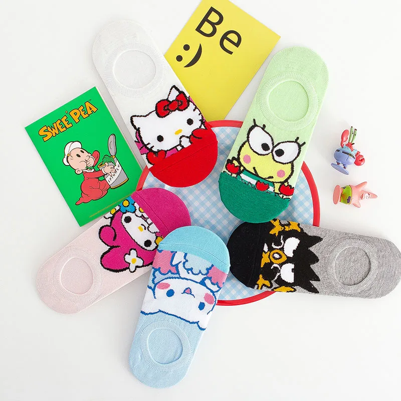 

1- 5Pcs Kawaii Sanrio Socks Cartoon Hello Kitty My Melody Kuromi Womens Spring and Summer Ventilate Invisible Mouth Boat Socks