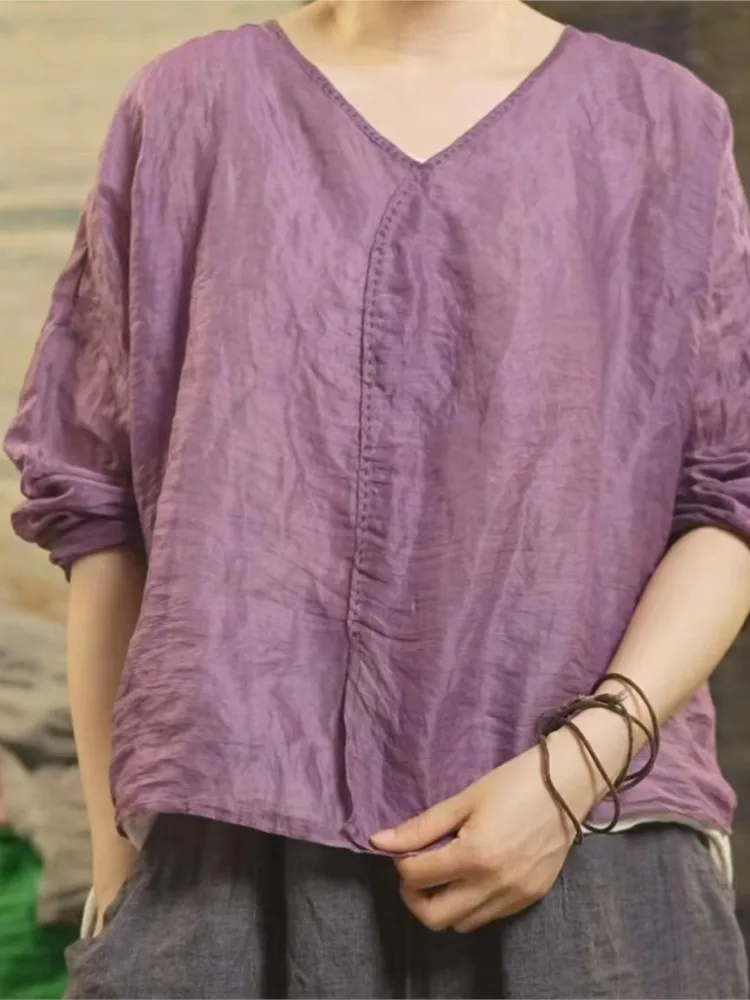 Женская свободная летняя однотонная блузка с v-образным вырезом женская