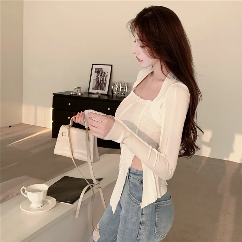 Y2k Autumn Long-sleeved Irregular T-shirt with Split Ends New Pure Desire White Bottoming for Women | Женская одежда