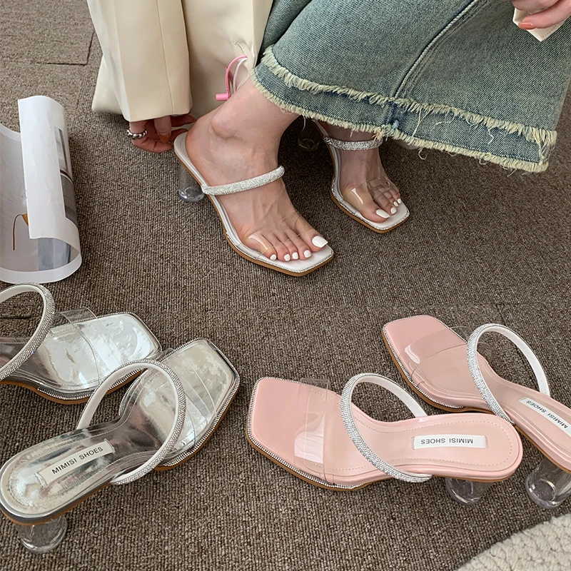 

Женские шлепанцы на квадратном каблуке, прозрачные шлепанцы на квадратном каблуке с перекрестной шнуровкой, модель 2023 года