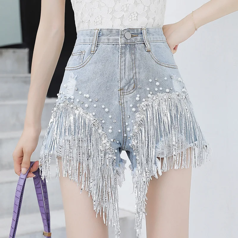 

Female 2021 Summer Hot Denim Shorts New High Waist Slim Body Fringed Ripped Beaded Sequin Wide Leg Blue Jeans shorts Indie