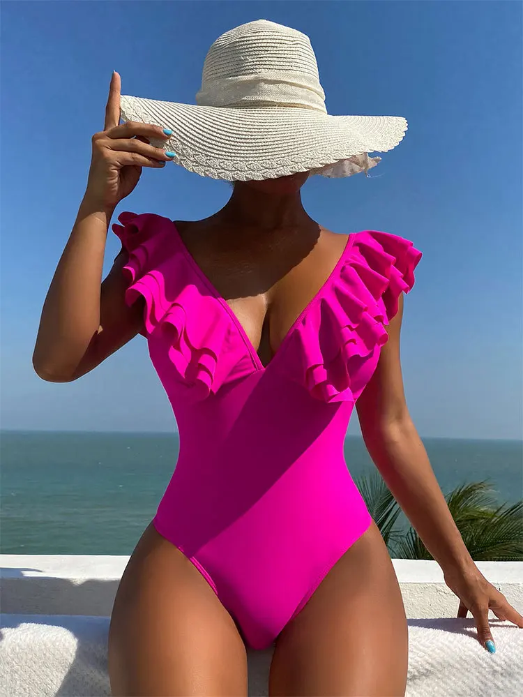 

Sexy Ruffle Swimsuit One Piece Swimwear 2023 Women Summer Push Up Bathing Suit Solid Swimming Suit Monokini Beach Wear Bikini