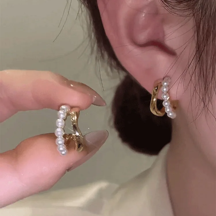 

2022 New Trend Korean Style Silver Color Simple Pearl Ear Clasp Hoop Earrings For Women Fine Elegance Jewelry Gifts