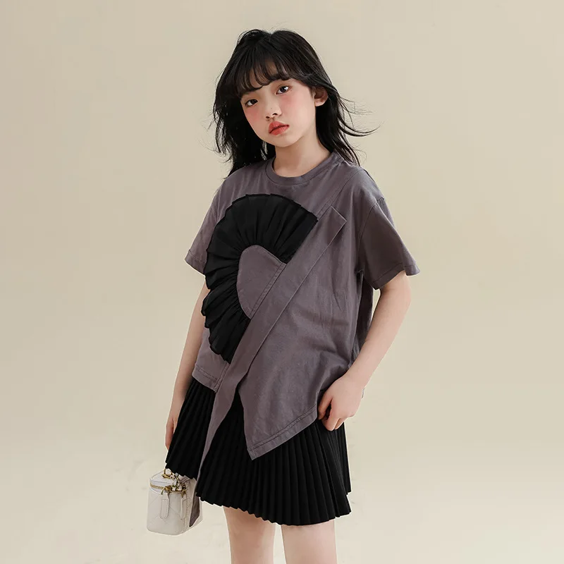 

Girls T-shirt Summer Fashion Pontoon Design Middle School Kids Short Sleeve Tops Apricot Thin Toddler Children Clothes 6 8 10 Y
