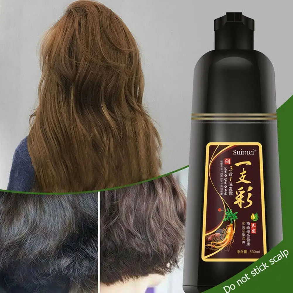 

New Fashion Organic Natural Hair Dye Ginseng Extract Black Hair Color Dye Shampoo For Cover Gray White Hair 500ML A2V6
