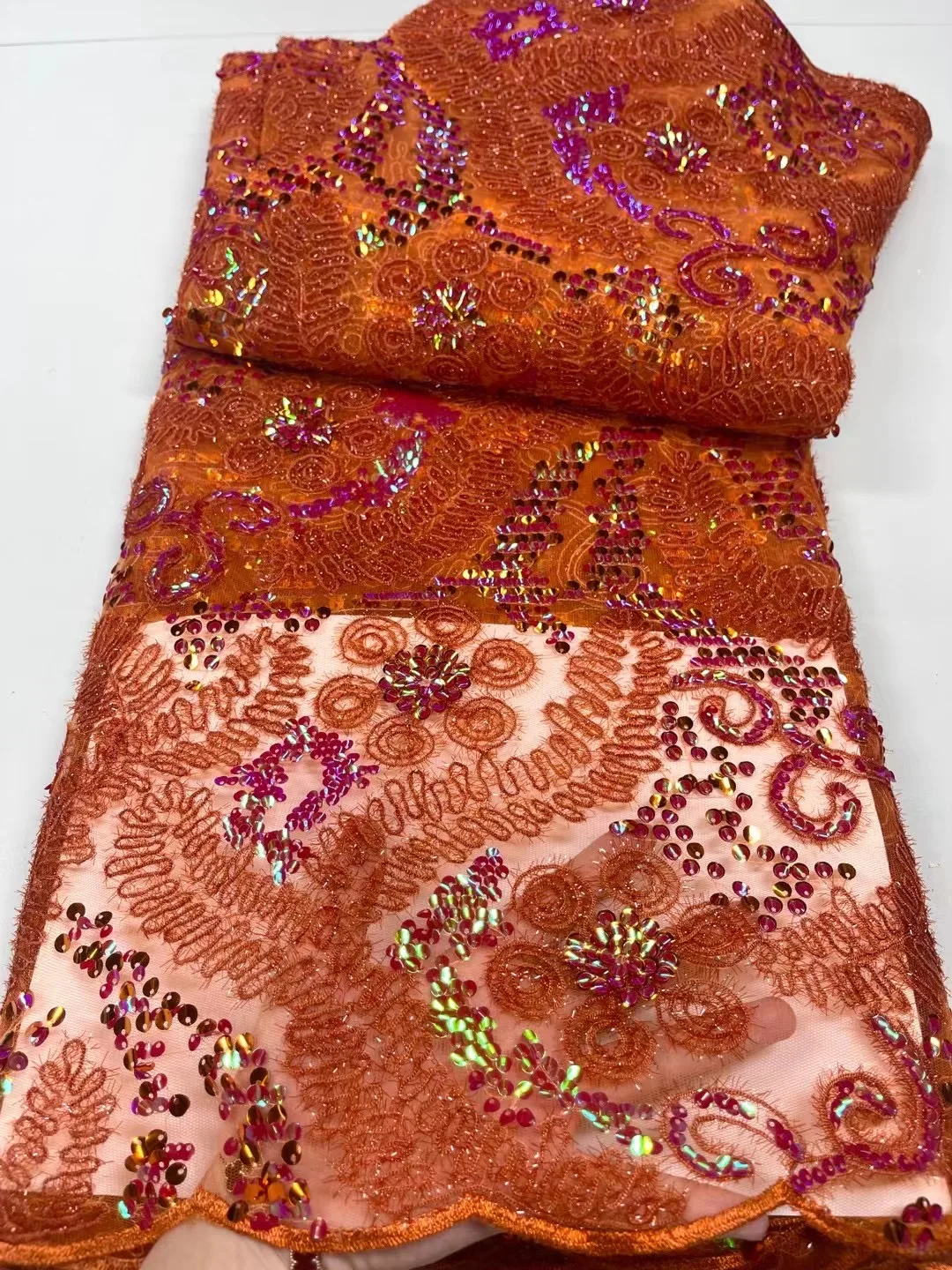 

French Design Orange Velvet Flocking Lace Fabric Nigeria High Quality Sequins Embroidered Tulle Fabric For Wedding Party Dress